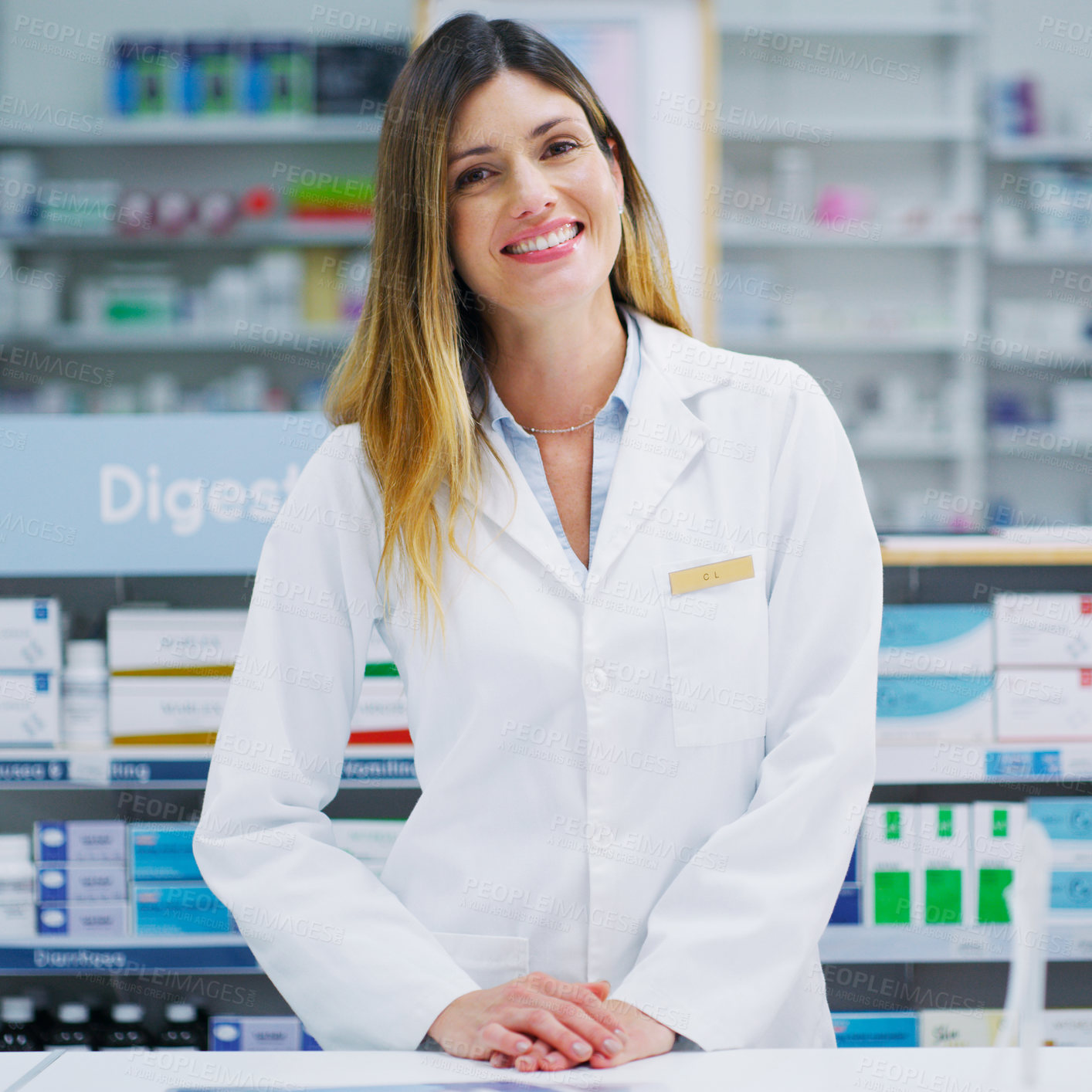 Buy stock photo Pharmacy service, pharmacist portrait and happy woman in drugs store, pharmaceutical supplements or healthcare shop. Hospital dispensary, medicine product shelf and medical person for clinic services