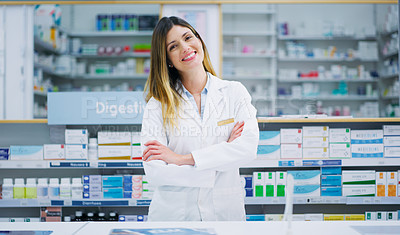 Buy stock photo Pharmacy portrait, arms crossed and happy woman, pharmacist or manager in drugs store, dispensary or shop. Hospital dispensary, medicine product shelf and person confident in retail clinic service
