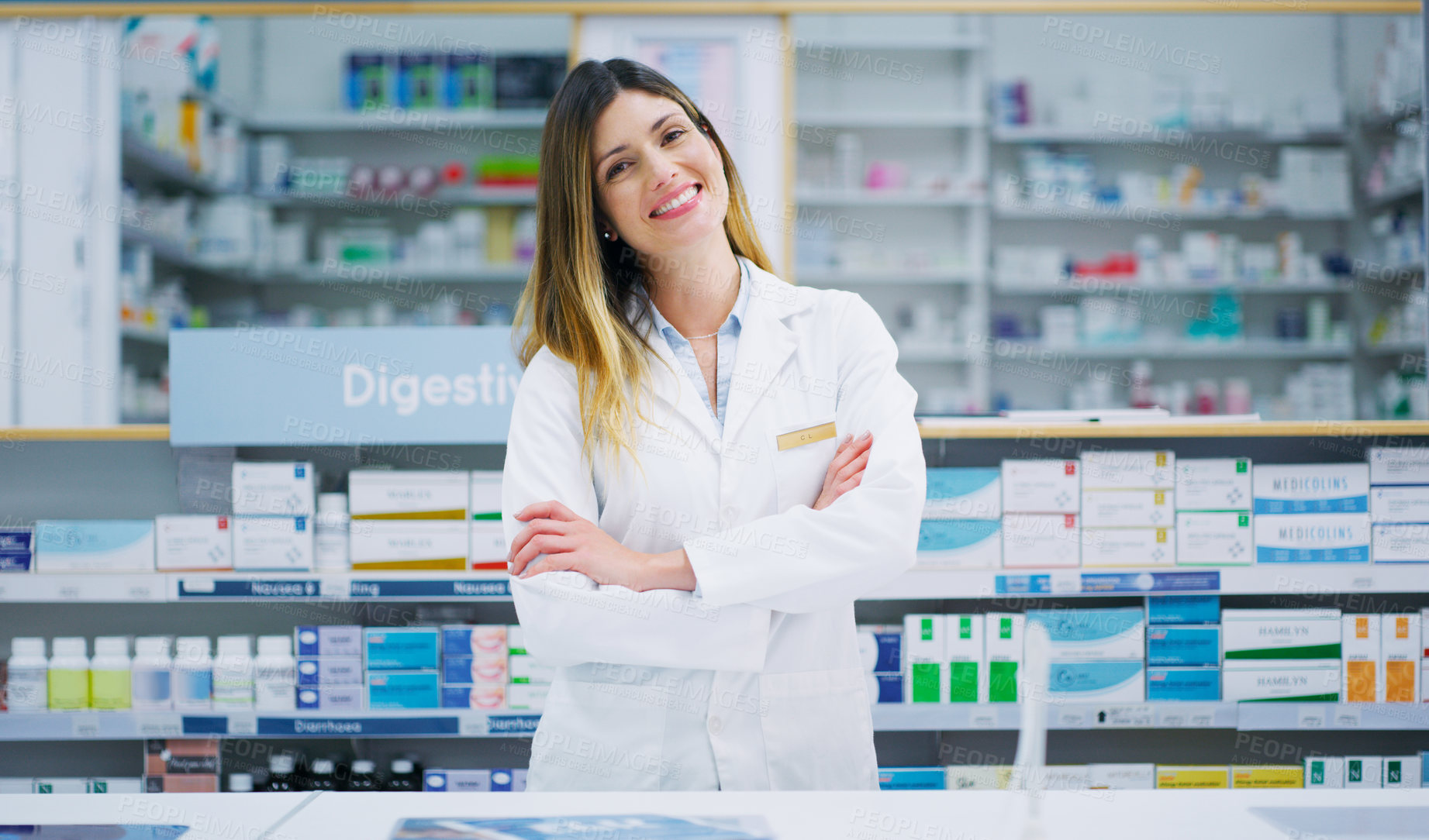 Buy stock photo Pharmacy portrait, arms crossed and happy woman, pharmacist or manager in drugs store, dispensary or shop. Hospital dispensary, medicine product shelf and person confident in retail clinic service