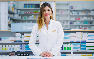 Buy stock photo Pharmacy portrait, happy pharmacist and woman in drugs store, pharmaceutical service or healthcare shop. Hospital retail dispensary, medicine product shelf and medical person for clinic support help