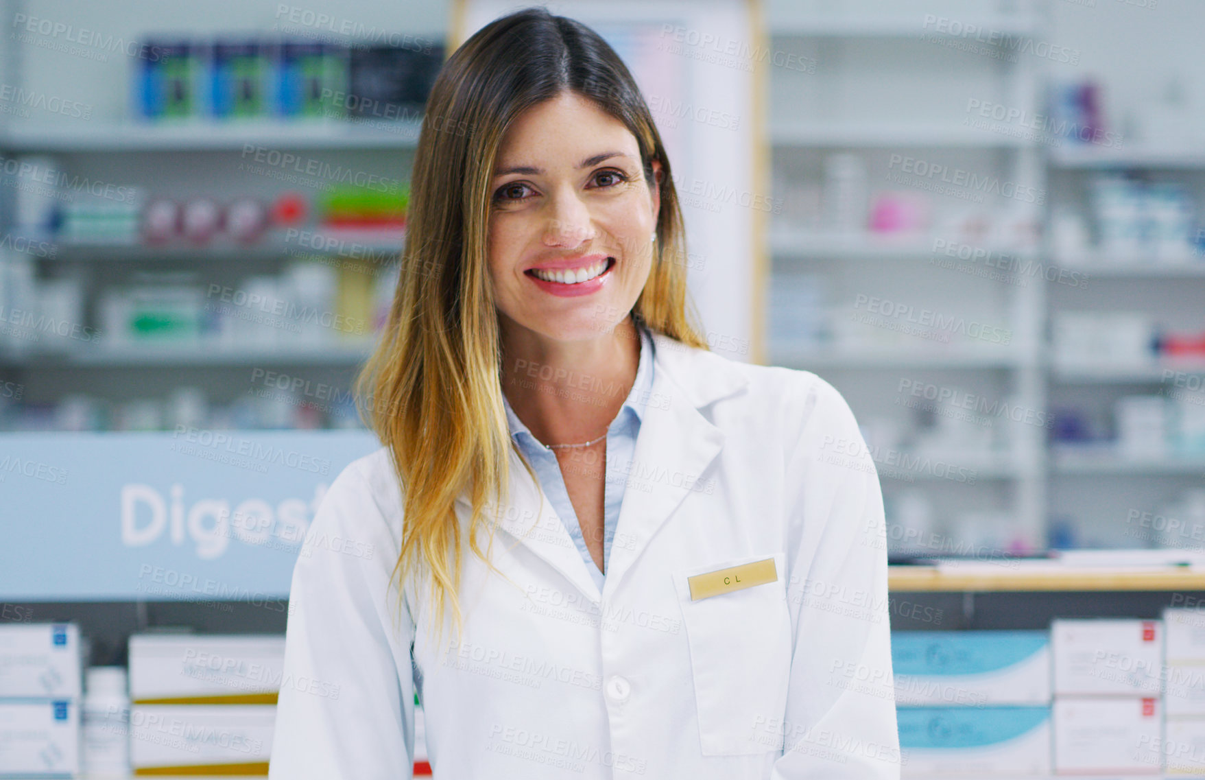 Buy stock photo Pharmacy pills, pharmacist portrait and happy woman in drugs store, pharmaceutical service or healthcare shop. Hospital dispensary, medicine product shelf and medical person for clinic services