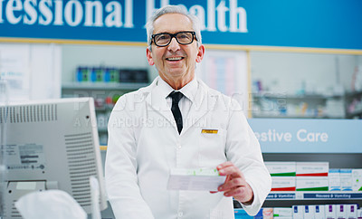 Buy stock photo Pharmacy product, pharmacist and senior man at cash register for sale of pharmaceutical, supplements or pills. Hospital retail dispensary, drug store medicine and medical person for clinic support