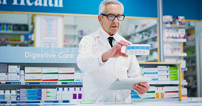 Buy stock photo Pharmacist product, tablet and elderly man reading pharmaceutical, pills box or package info. Analysis, pharmacy medicine and male chemist research supplement prescription information for healthcare