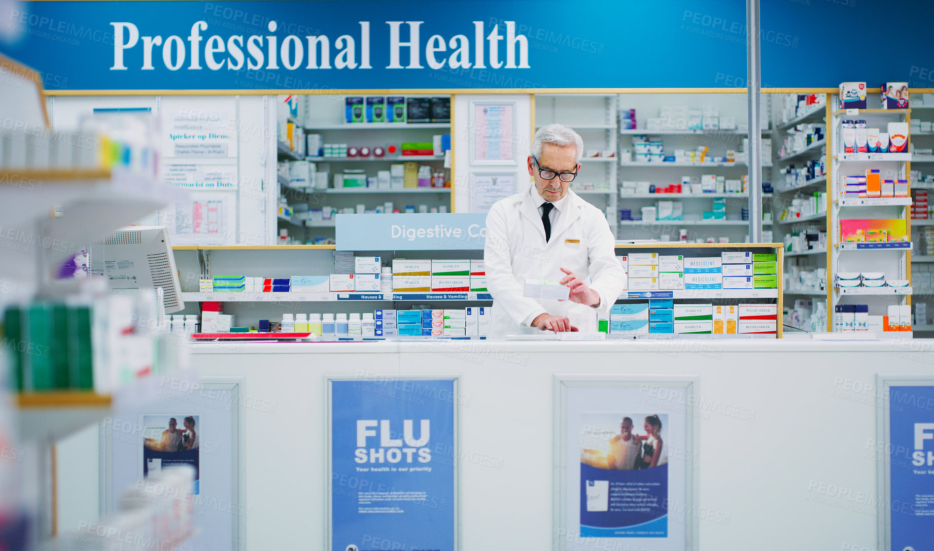Buy stock photo Pharmacy package, elderly man and chemist reading pharmaceutical, supplements or product info. Typing, store medicine and male pharmacist research supplement prescription information for healthcare