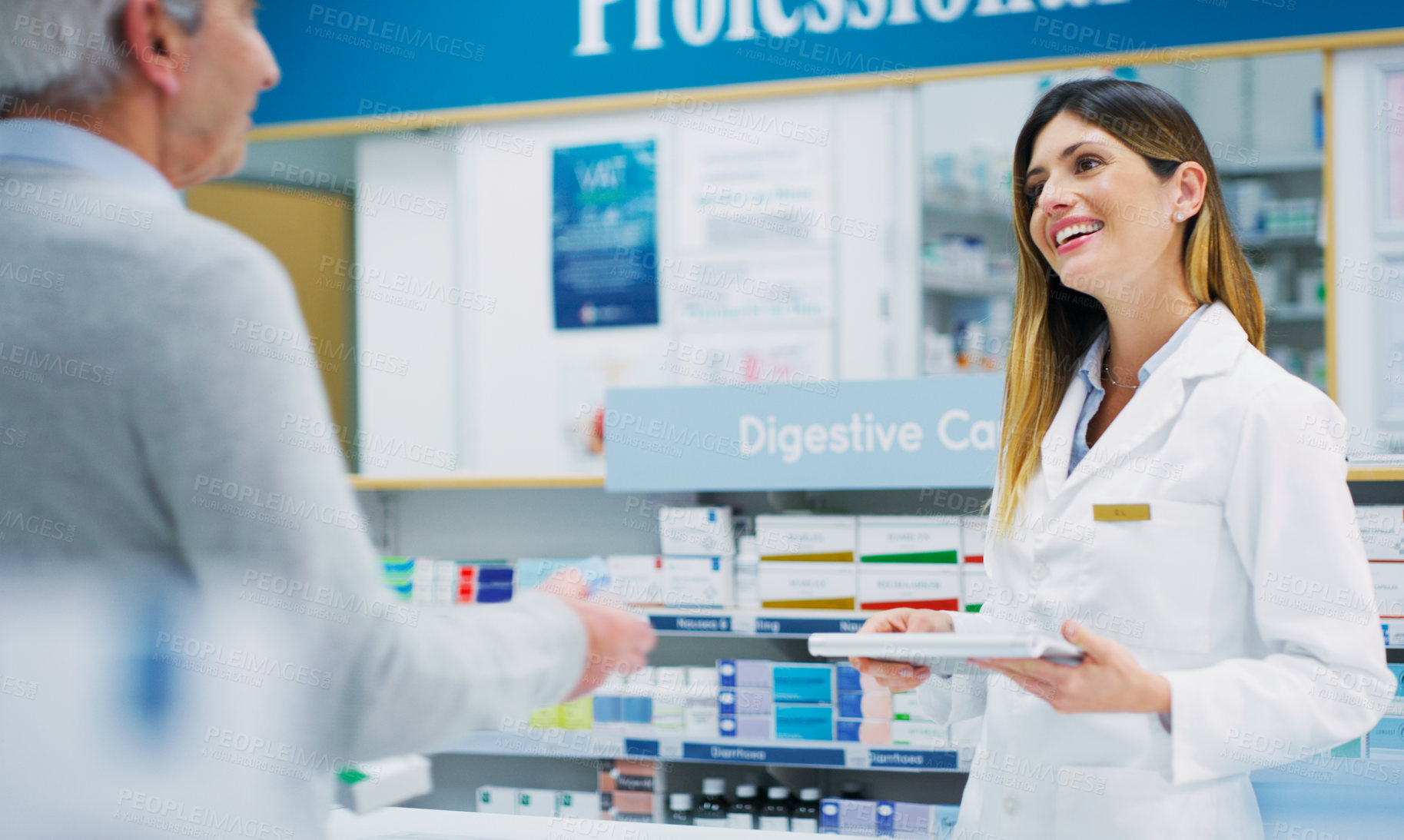Buy stock photo Pharmacist conversation, senior customer and woman helping elderly patient, pharmacy client or person. Healthcare support, communication and female chemist talking, service and help with prescription