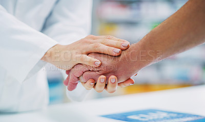 Buy stock photo Hospital patient, holding hands and doctor empathy, support and care for client, customer or person with medical problem. Pharmacy, wellness and clinic therapist, pharmacist or nurse with kindness