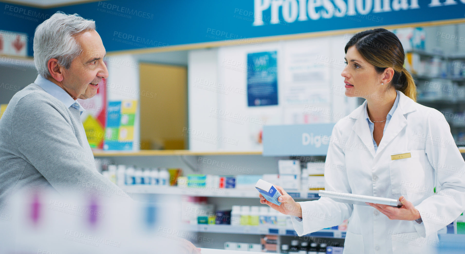 Buy stock photo Pharmacy product, elderly customer and woman helping patient, client or person with pharmaceutical, pills or package. Medicine, advice and female chemist talking, service and help with prescription