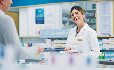 Buy stock photo Pharmacy tablet, customer and happy woman, pharmacist or clerk helping clinic patient, healthcare client or person. Hospital support, help and female chemist search online database for store product