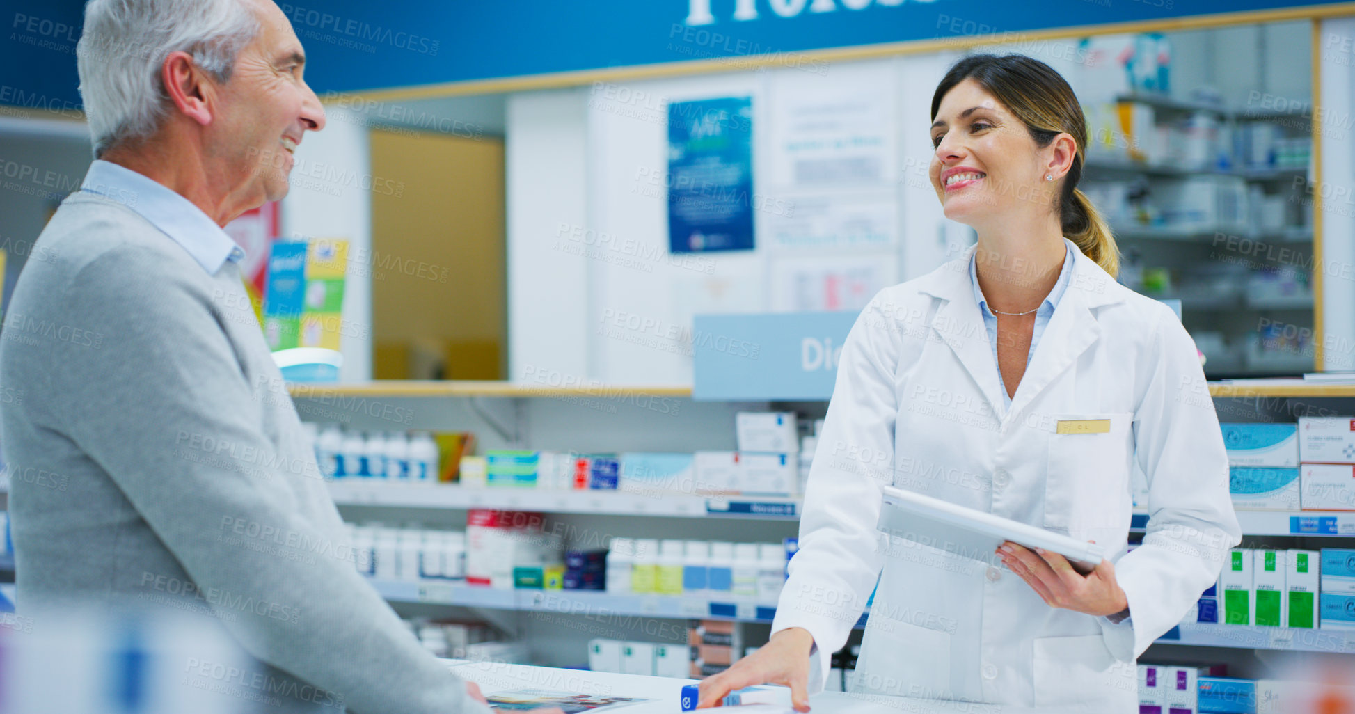 Buy stock photo Senior patient, tablet and happy woman, pharmacist or clerk helping clinic customer, healthcare client or person. Medicine shop, pharmacy advice and chemist search online database for store product