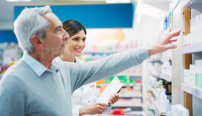 Buy stock photo Store shelf, senior customer and pharmacy woman, advice and recommendation of pills choice, medicine or product. Elderly patient, service client and female pharmacist helping old man with decision 