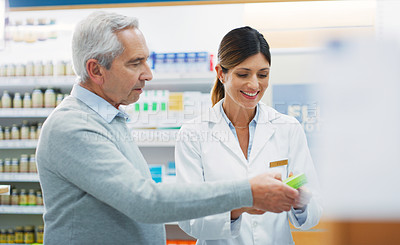Buy stock photo Pharmacy, medicine and elderly customer, woman or advice with consulting, pills and box. Clinic, product or package healthcare with pharmacist, supplements and decision or reading pharmaceutical info