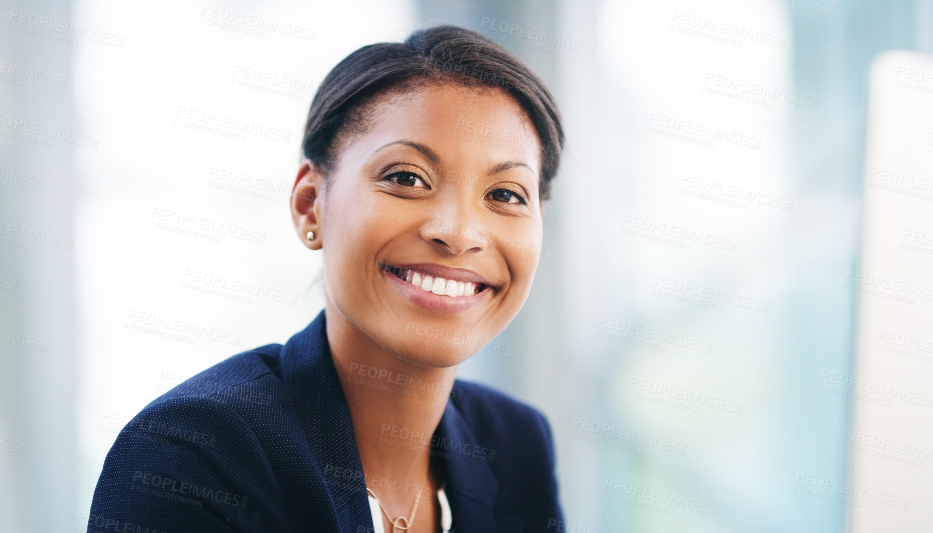 Buy stock photo Black woman, portrait and happy corporate worker at night happy and ready to start working late. Professional, startup and young business woman entrepreneur proud with workplace growth and job vision