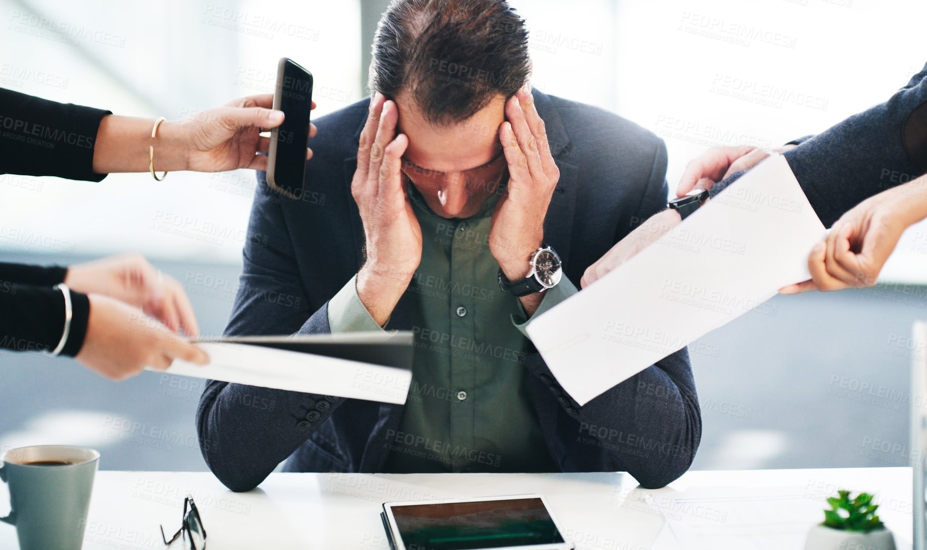 Buy stock photo Anxiety, stress or burnout of management in office at bank with schedule conflict, fail or mistake. Tired, challenge or exhausted bank manager at corporate desk overwhelmed with work overload.