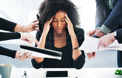 Buy stock photo Black woman, headache or stress with office documents for attorney issue with chaos of people. Lawyer, stressed or sick  at workplace desk from burnout, anxiety and corporate career challenge.