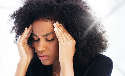 Buy stock photo Headache, stress and burnout with a business black woman struggling with mental health issues while working in her office. Compliance, face and pain with a female employee suffering from a migraine