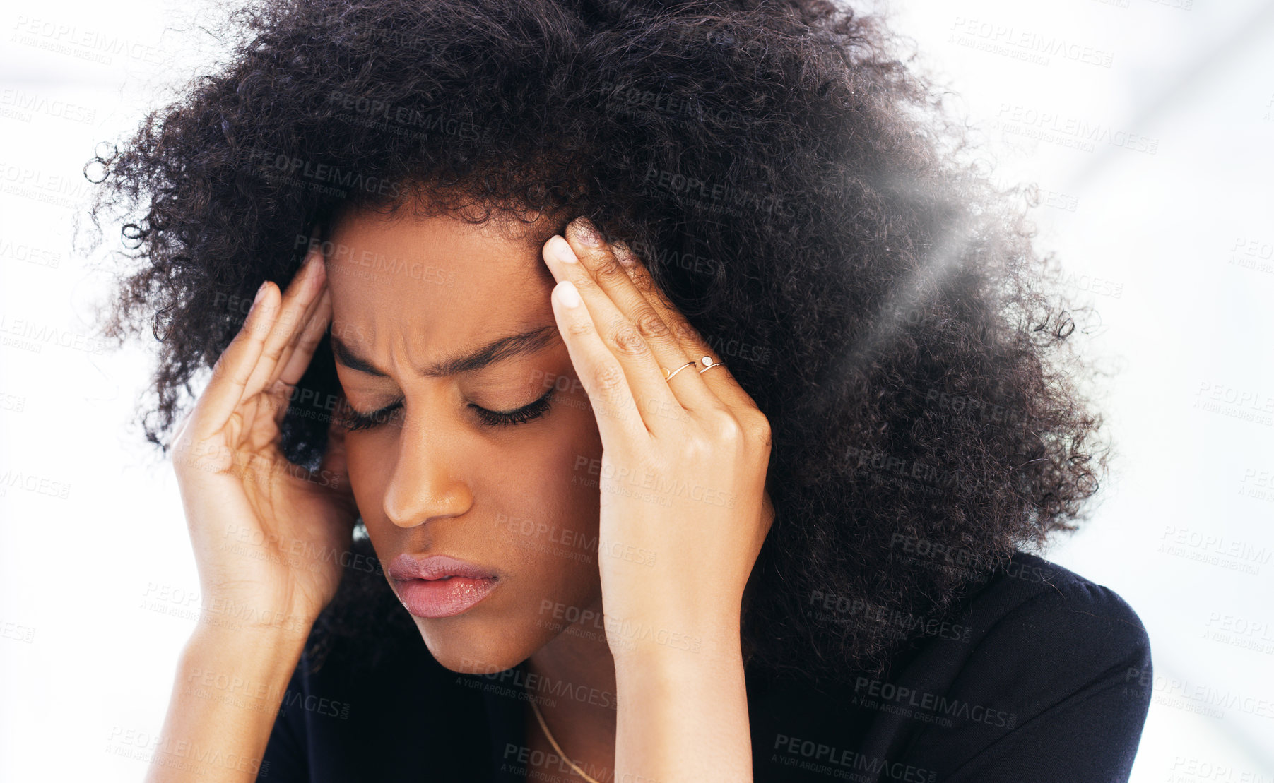 Buy stock photo Headache, stress and burnout with a business black woman struggling with mental health issues while working in her office. Compliance, face and pain with a female employee suffering from a migraine