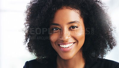 Buy stock photo Business woman, face portrait and happy, motivation or smile in a corporate office. Young confident black woman entrepreneur or trendy marketing designer with happiness working in a marketing company