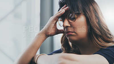 Buy stock photo Depression, anxiety and woman with headache from stress, problem or fear, tired and sad on mockup background. Frustrated, unhappy and girl with migraine feel lonely, loser and mental health problem