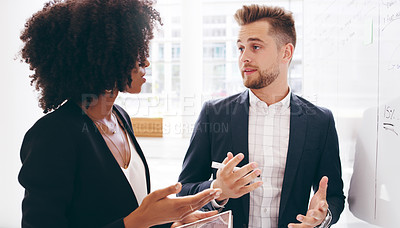 Buy stock photo Diversity, black woman and businessman brainstorming on a whiteboard in a meeting for a strategy, innovation or solution. Ideas, teamwork and creative startup company developer talking to an employee