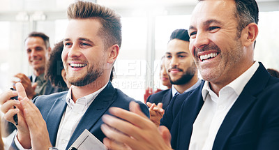 Buy stock photo Group, business people and applause at conference, happy or listen for marketing strategy, seminar and meeting. Team, clapping or smile for teamwork, collaboration for company or training for project