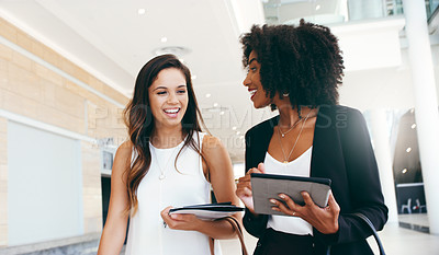 Buy stock photo Collaboration, planning and tablet with business women for partnership, review and communication. Teamwork, diversity and global with employee in office building for management, strategy and vision  