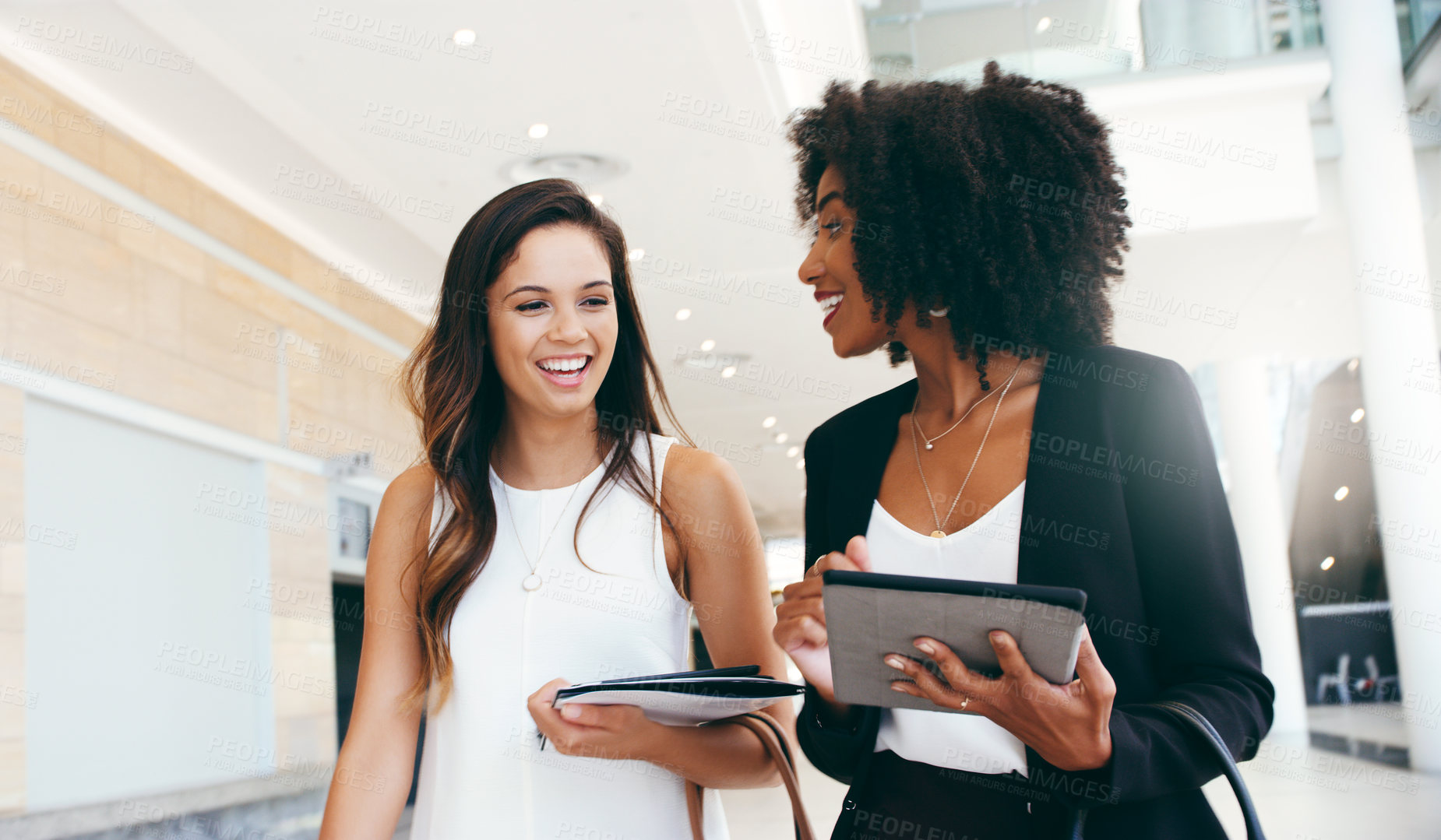 Buy stock photo Collaboration, planning and tablet with business women for partnership, review and communication. Teamwork, diversity and global with employee in office building for management, strategy and vision  