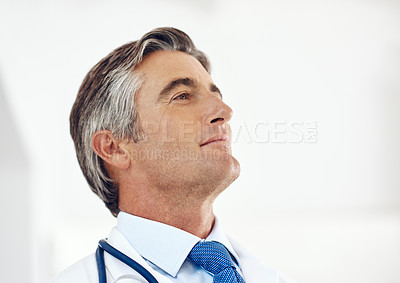 Buy stock photo Doctor, thinking and mature man with growth for future and hospital innovation at clinic office. Career, ideas and surgeon with smile and consultant success with medical practice and healthcare job