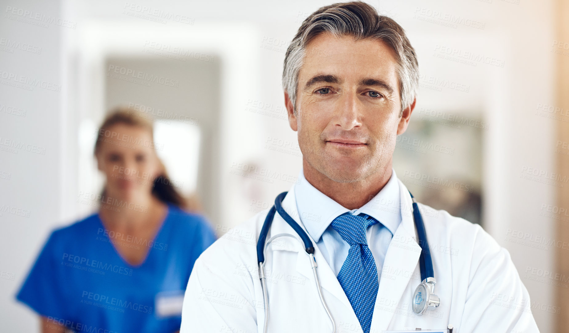 Buy stock photo Portrait, man or doctor in lobby with confidence for health insurance, leadership and medical advice. Hospital, support and face of healthcare professional with nurse, teamwork and pride at clinic 