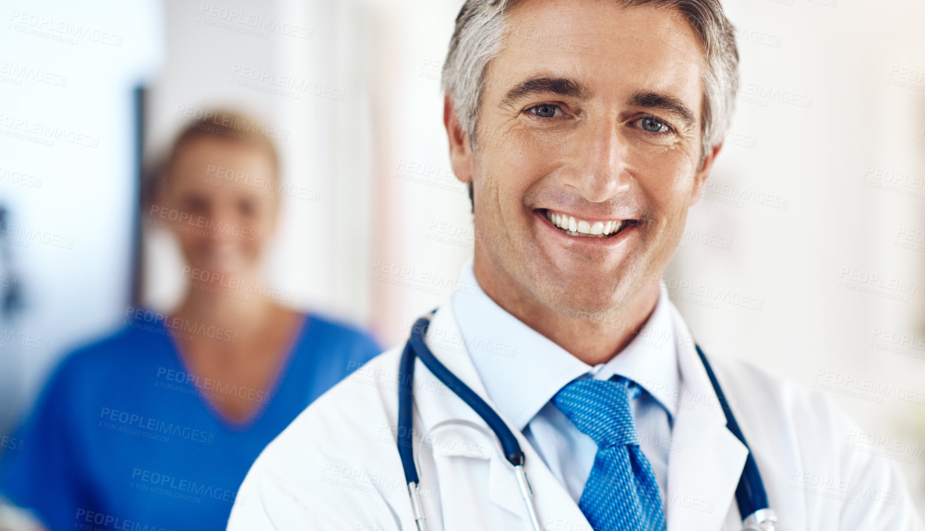 Buy stock photo Pride, medical and portrait of man doctor in hospital with positive, confident and happiness for career. Smile, healthcare and professional mature cardiology surgeon from Australia working in clinic.