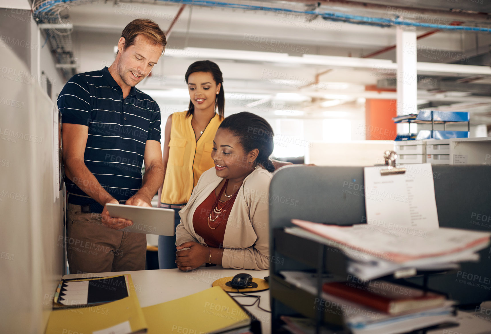 Buy stock photo Business people, project proposal and discussion with tablet for research, deadline or office advice. Creative employees, training and collaboration with meeting for brainstorming, planning or ideas