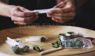 Buy stock photo Person, hands and rolling weed for joint in house, cannabis and prepare blunt for smoking. Herbal pharmaceutical, 420 and hallucinogenic in marijuana, holistic and stress relief for mental health