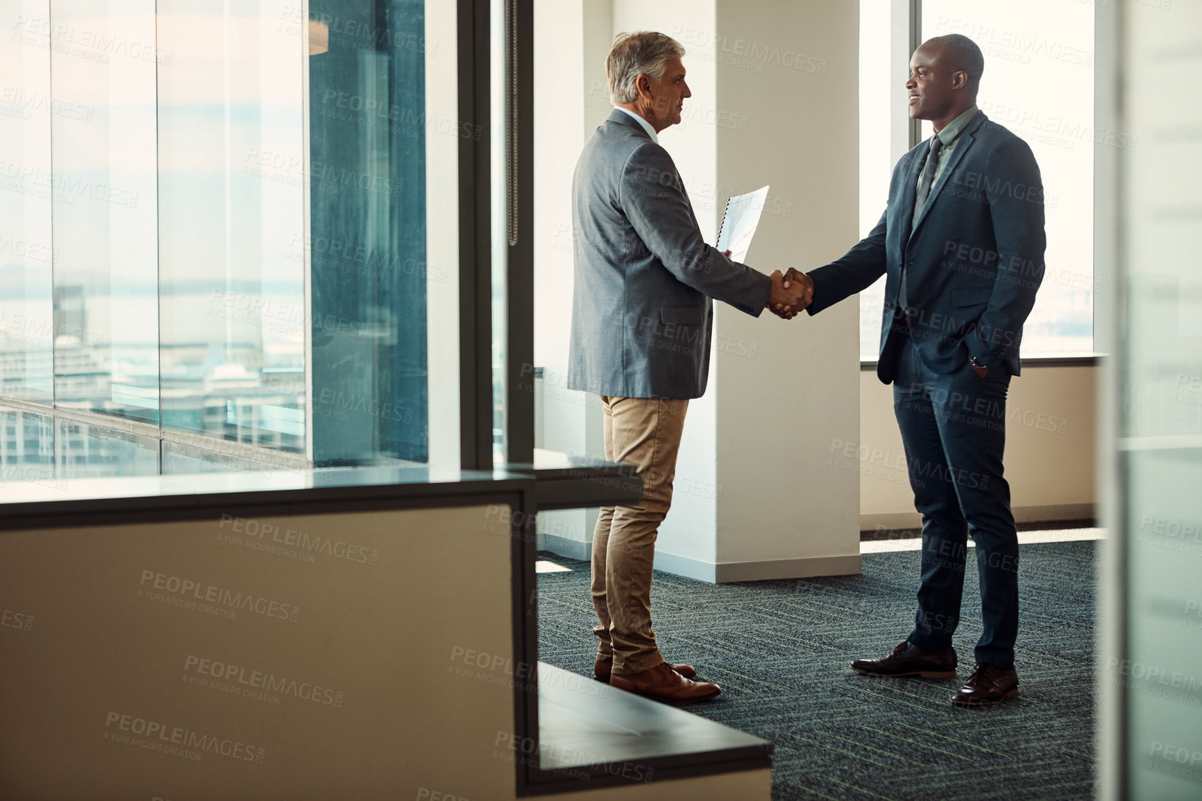 Buy stock photo Meeting, man and client shaking hands in office for interview, onboarding or deal opportunity. Contract, agreement or business people with handshake, welcome or introduction for corporate partnership