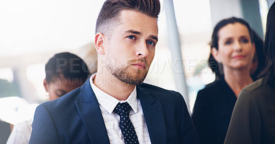 Buy stock photo Business man, conference hall and audience listening to presentation, conference and seminar for training, education and convention for group. Corporate people with focus at workshop for success