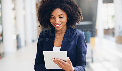 Buy stock photo Digital tablet, office and business woman reading information documents online on the internet. Happy, smile and young professional manager working on a mobile device for management project or report