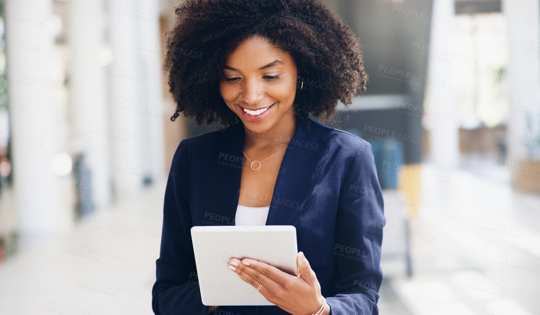 Buy stock photo Digital tablet, office and business woman reading information documents online on the internet. Happy, smile and young professional manager working on a mobile device for management project or report