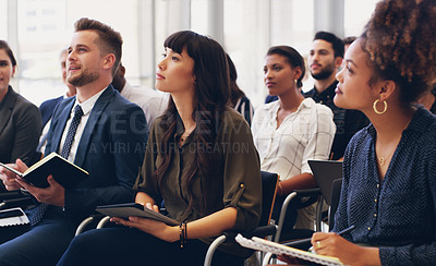 Buy stock photo Business people, audience and workshop training or conference meeting in marketing or sales at the office. Group of employee workers or team in seminar for business strategy or coaching at workplace