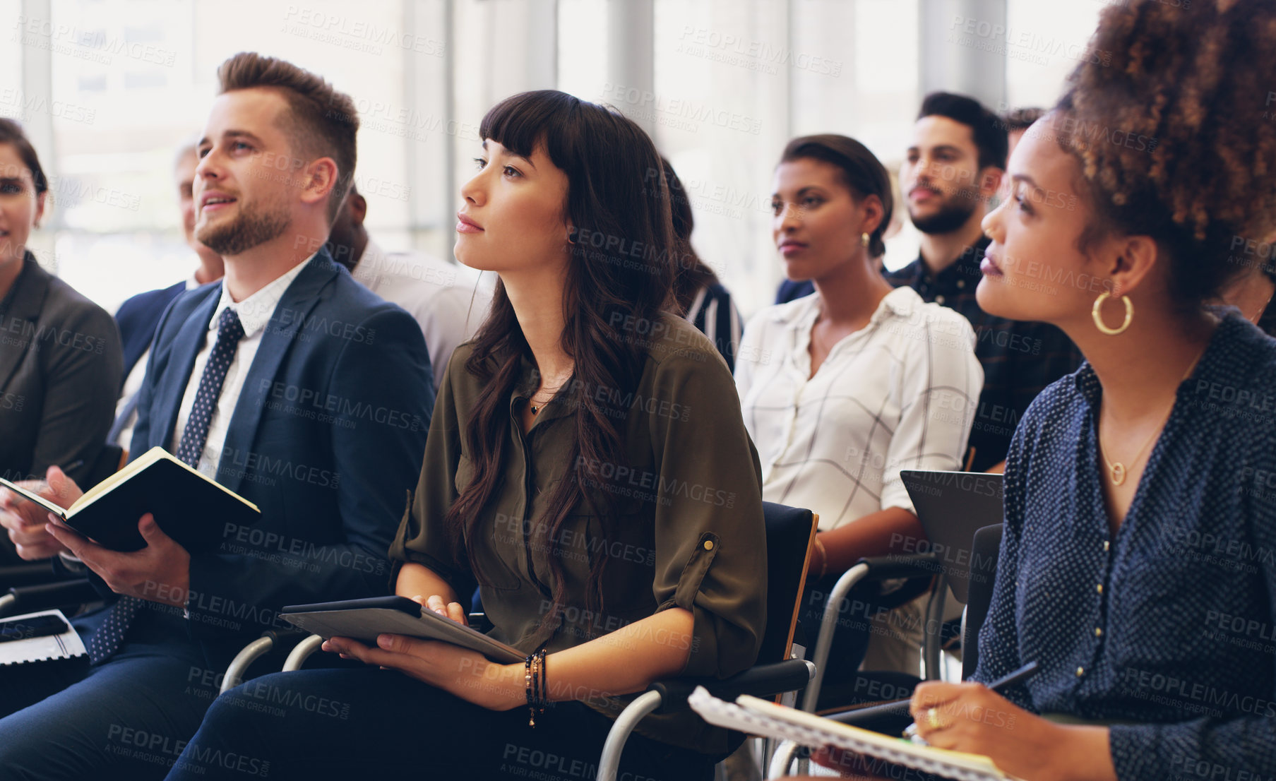 Buy stock photo Business people, audience and workshop training or conference meeting in marketing or sales at the office. Group of employee workers or team in seminar for business strategy or coaching at workplace