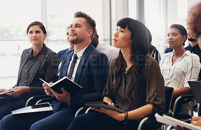 Buy stock photo Business people, trade show and business meeting conference for company employee training, corporate education and workshop presentation. Professional management seminar, coaching staff and diversity