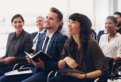 Buy stock photo Diversity, happy or business people in workshop success presentation, business meeting or company seminar. Teamwork, collaboration and startup worker with smile for tradeshow or conference audience