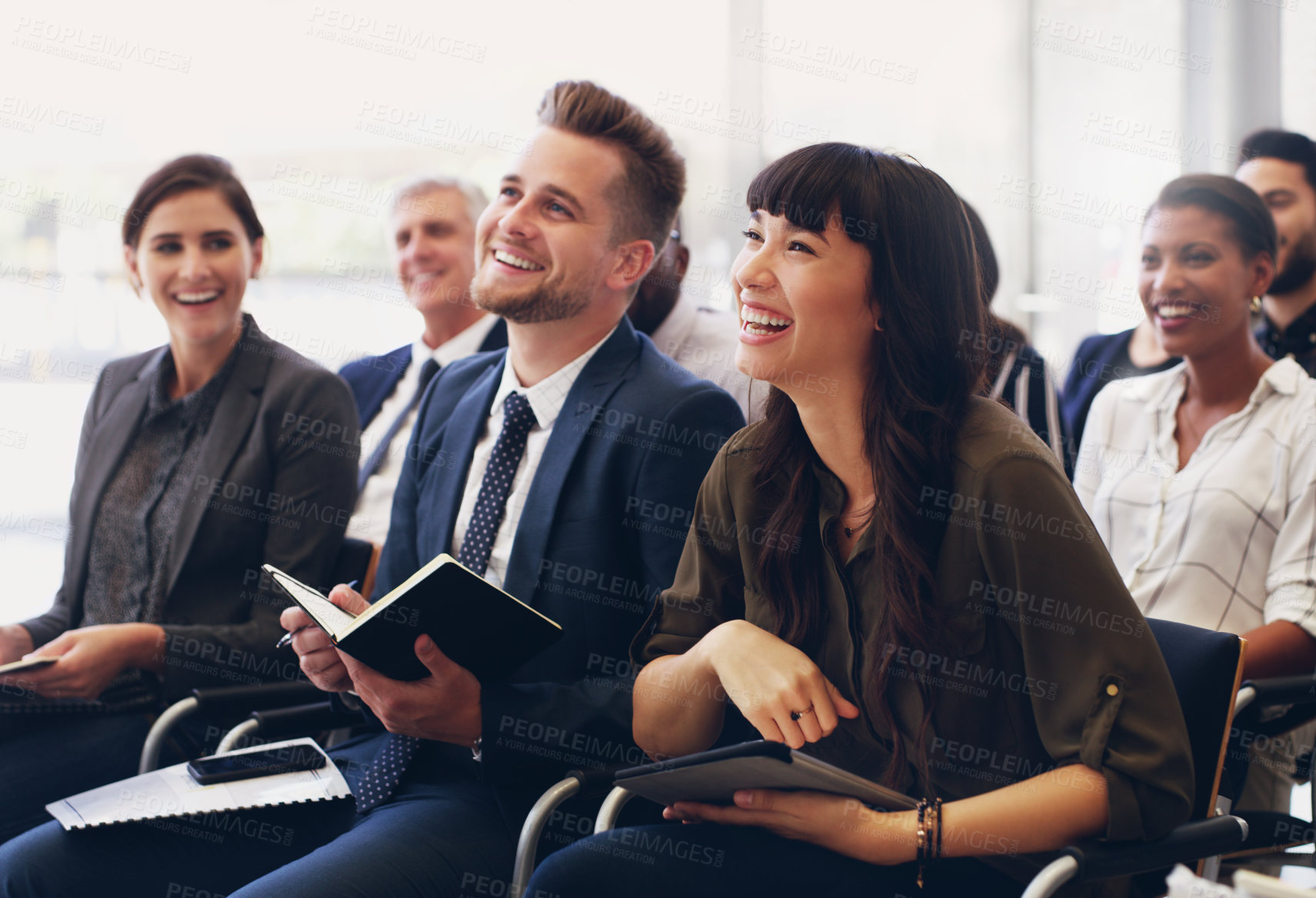 Buy stock photo Diversity, happy or business people in workshop success presentation, business meeting or company seminar. Teamwork, collaboration and startup worker with smile for tradeshow or conference audience