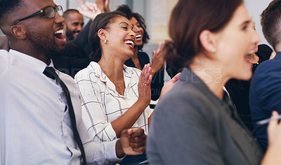 Buy stock photo Applause, success and business people in conference, happy and support at a company event at work. Celebration, meeting and corporate crowd clapping in a training seminar for solidarity with a smile