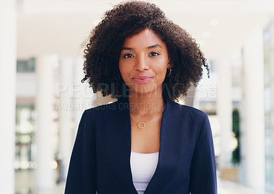 Buy stock photo Business, black woman and portrait of a corporate office manager with company vision. Young woman employee face  serious about executive leadership growth and lawyer work with law firm management