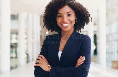 Buy stock photo Corporate woman, portrait and leader smile in office with arms crossed. Business manager, happy ceo and startup leadership motivation in modern workplace or black woman entrepreneurship empowerment