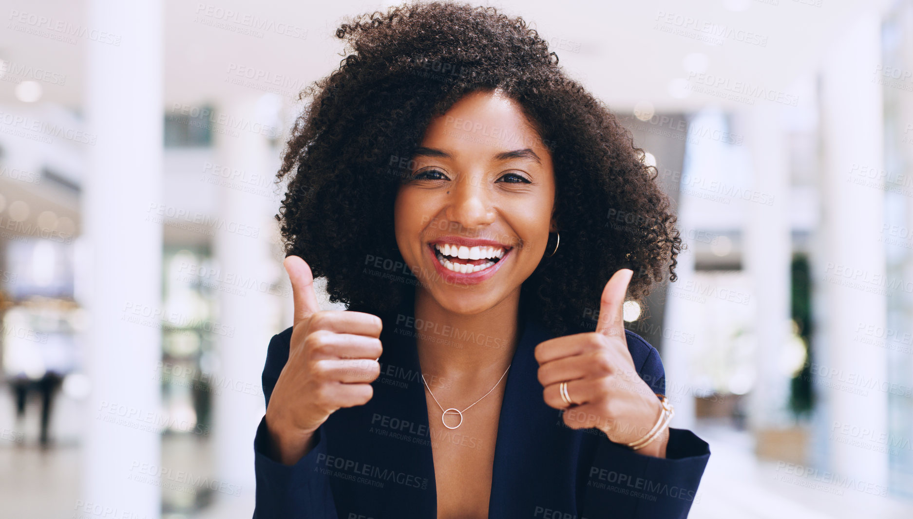Buy stock photo Thumbs up, yes and happy business black woman doing thank you gesture, sign and excited for company success. African, goal and portrait of a corporate or professional employee in agreement with smile