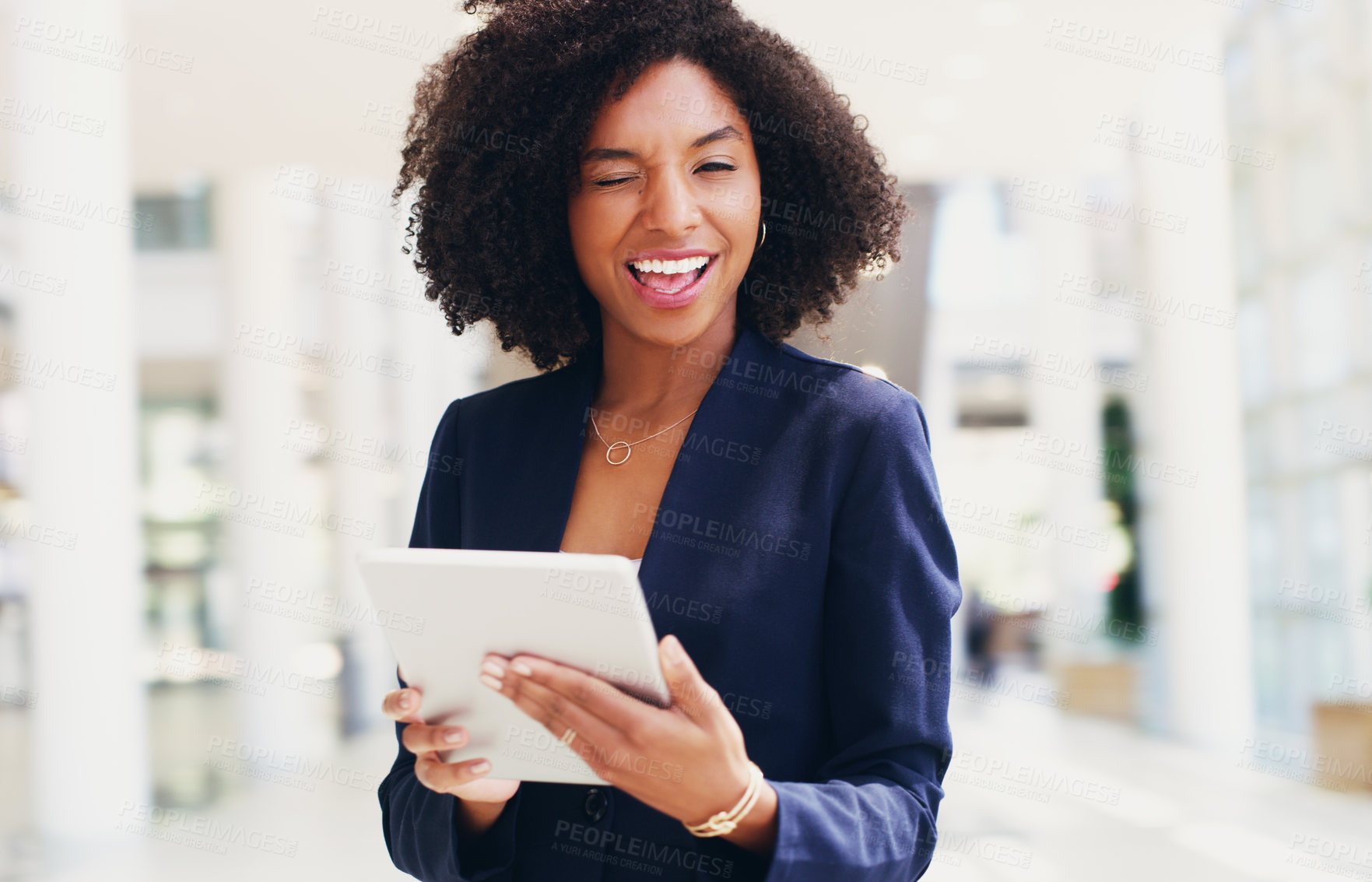 Buy stock photo Wink, portrait and woman with tablet, confident and happy for opportunity of investment in company. Corporate, smile and accountant for business, black person and joy for financial growth in Kenya