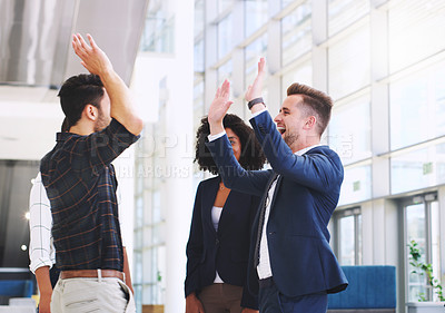 Buy stock photo Success, office and excited business people high five after good business deal, meeting and partnership. Teamwork, collaboration and diversity in corporate workplace with happy workers in celebration