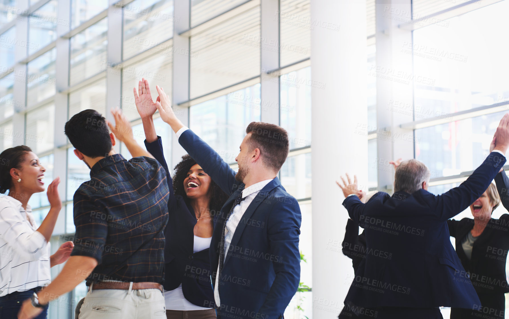 Buy stock photo Success, support and winner with business people and high five in office for deal, celebration or global achievement. Teamwork, partnership and contract with employee for goal, sales or target growth