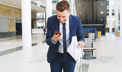 Buy stock photo Phone, good news and happy businessman in celebration of work promotion in the lobby of his modern office. Happiness, success and professional employee winning online bet on smartphone in workplace.