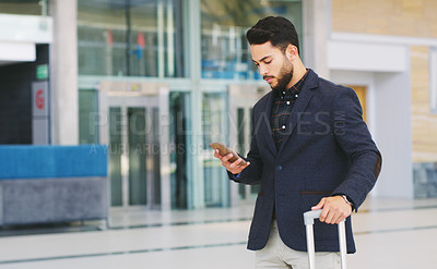 Buy stock photo Businessman, phone and luggage in airport, travel and check flight, time, schedule and online communication. Corporate worker, international travelling and company convention with mobile smartphone