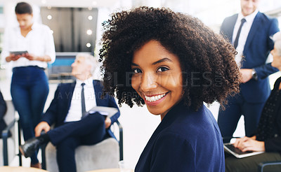 Buy stock photo Portrait, business and happy black woman in busy office, law company and executive agency. Confident young female corporate, smile and motivation, happiness and working, professional career and staff